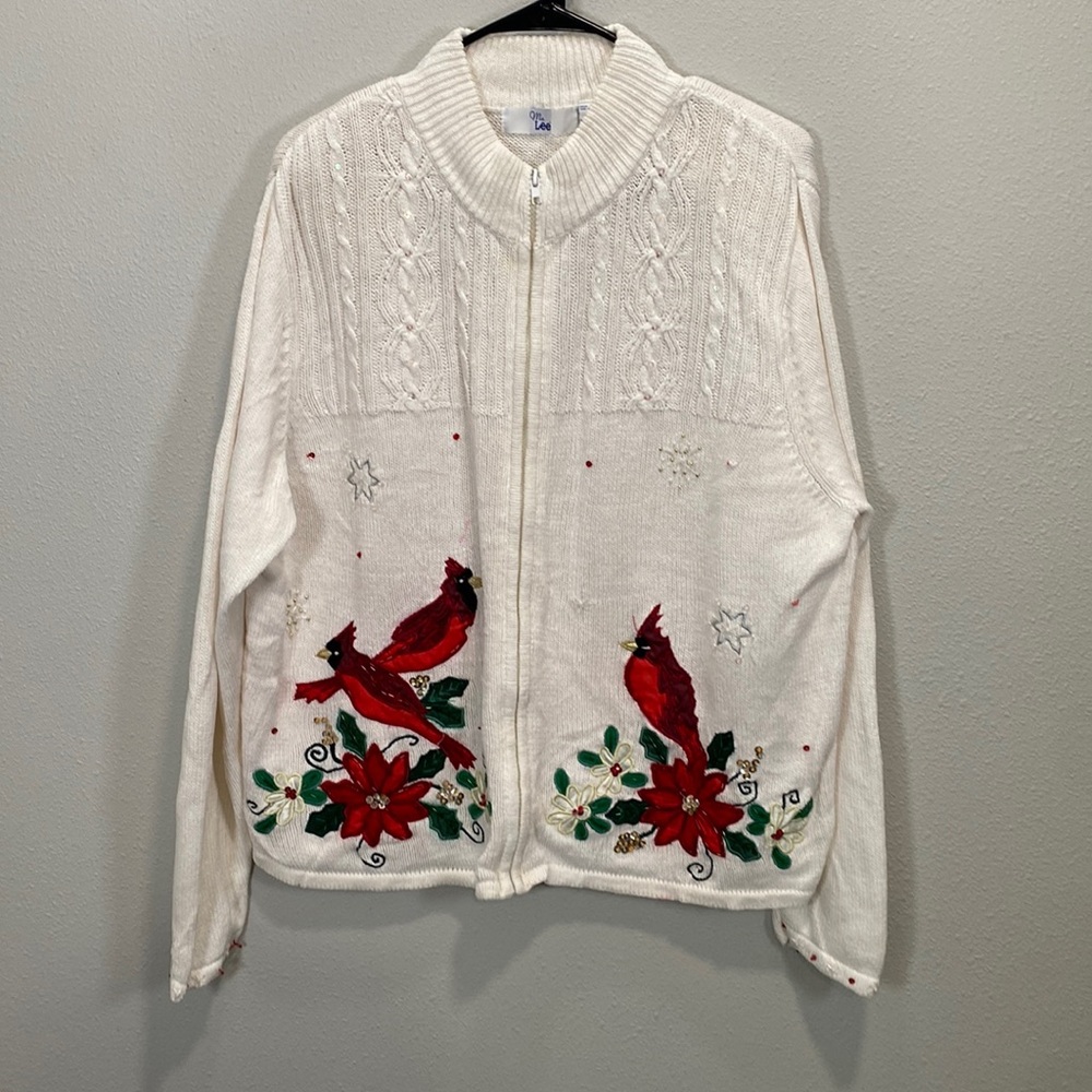 Ms. Lee red cardinal sweater cardigan Christmas holiday ugly sweater